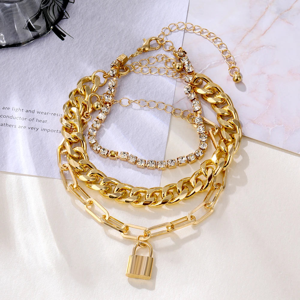 Punk Heavy Metal Crystal Lock Pendant Bracelet Set