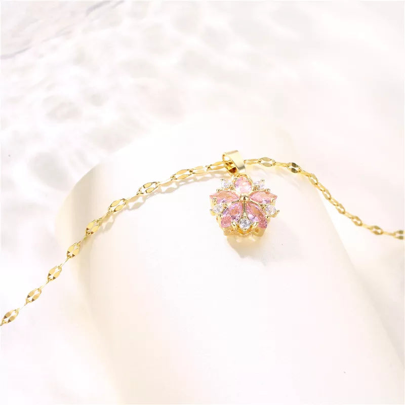 Pink Crystal Sakura Pendant Necklace