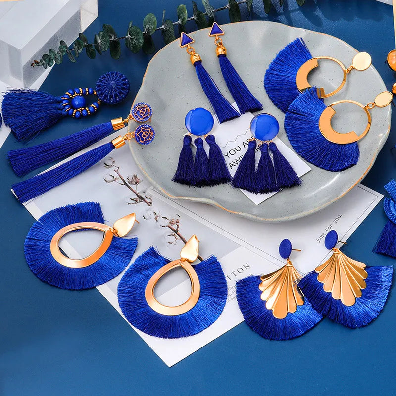 Blue Silk Fringe Boho Earrings