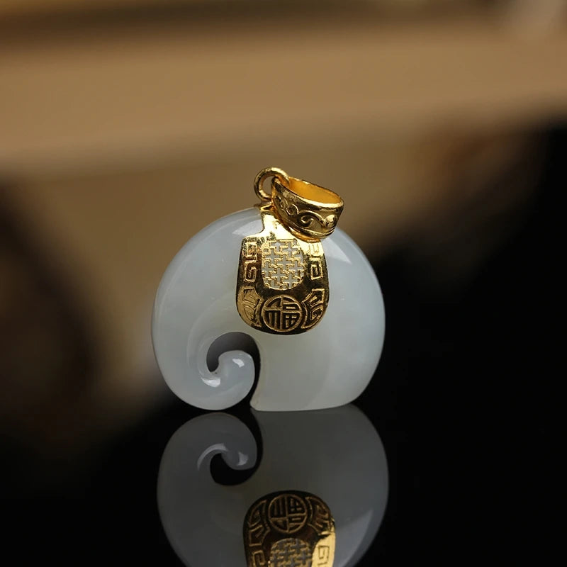 Gold Plated Hetian Jade Elephant Pendant Necklace