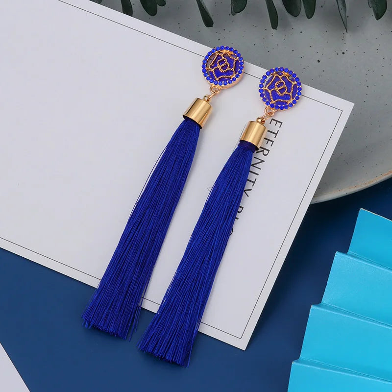 Blue Silk Fringe Boho Earrings