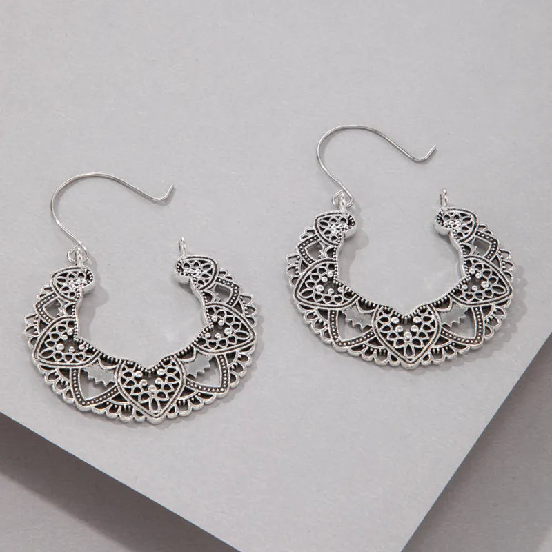 Vintage Antique Silver Color Carving  Drop Earrings