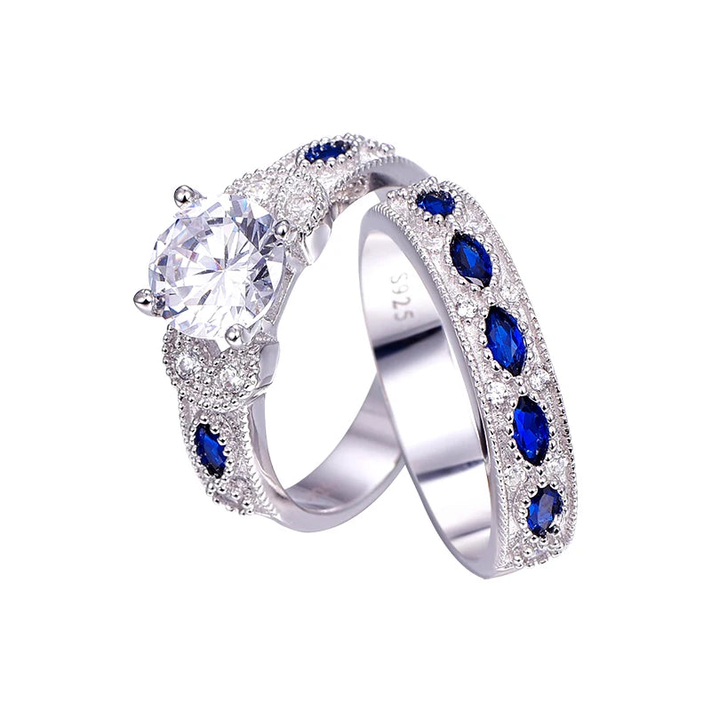 White CZ & Sapphire Solid Real 925 Sterling Silver Ring Set