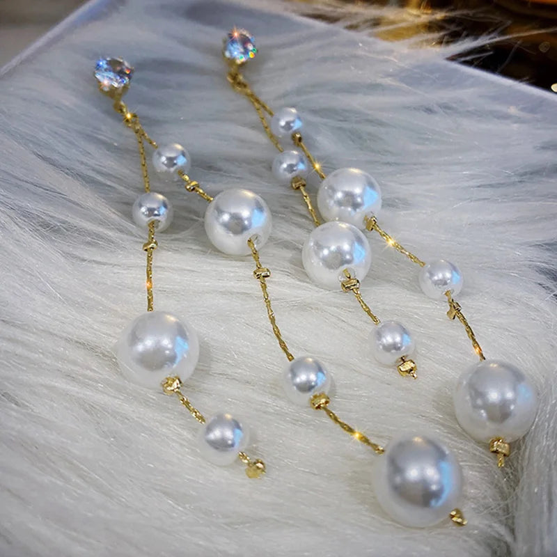 Long Imitation Pearl Tassel Earrings