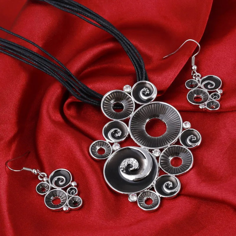 Multilayer Leather Pendant Necklace and Earrings