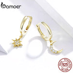 Genuine 925 Sterling Silver Moon and Star Dangle Earrings